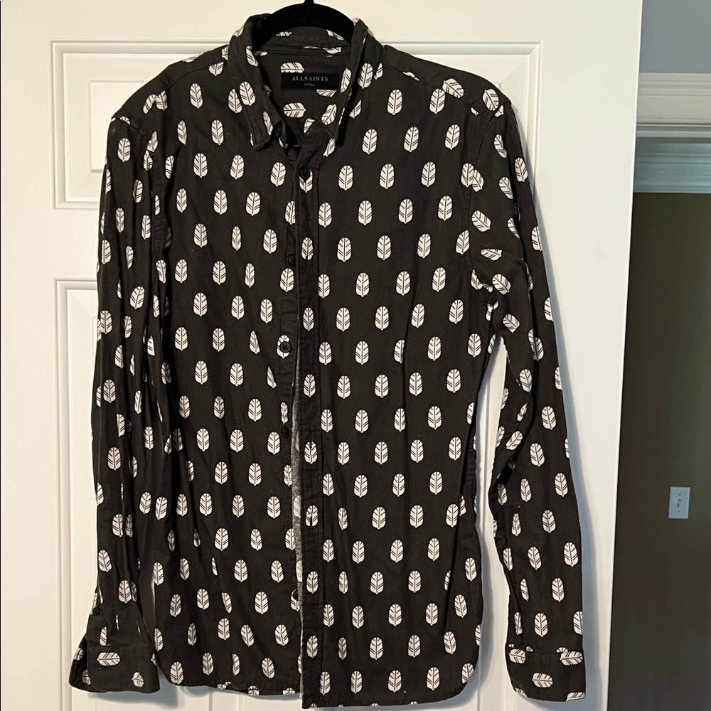 All Saints Charcoal Shirt with Cream Leaf Design
